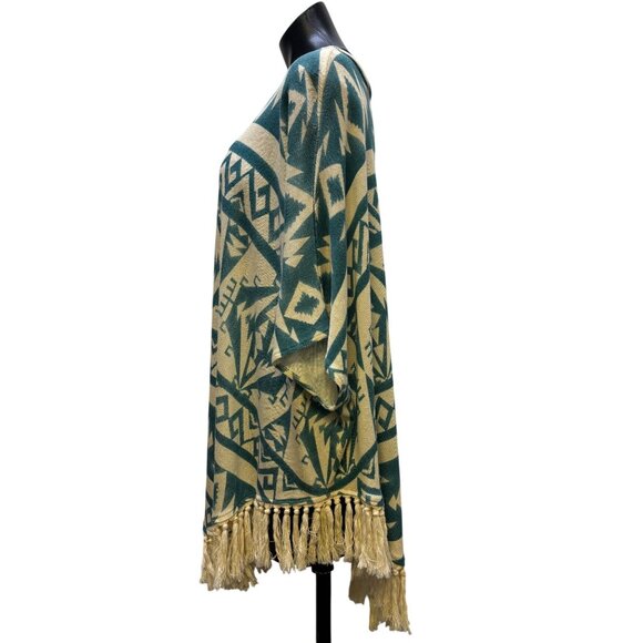 Tasha Polizzi Collection Cream & Teal Aztec Print Poncho Blouse L/XL Tassel Frin - Picture 4 of 6